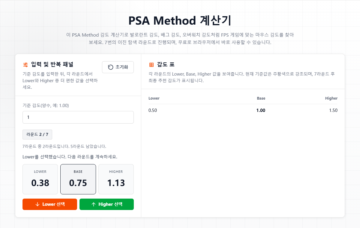 PSA Method Calculator showing round 2 after choosing lower in round 1 in Korean