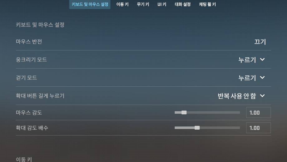 Valorant 설정 화면에서 마우스 감도가 1.00으로 표시된 예시